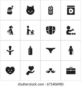 Set Of 16 Editable Folks Icons. Includes Symbols Such As Mother With Baby, Telephone, Underwear And More. Can Be Used For Web, Mobile, UI And Infographic Design.