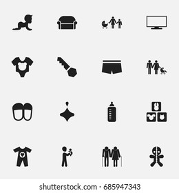 Set Of 16 Editable Folks Icons. Includes Symbols Such As Kid, Home Shoes, Monitor And More. Can Be Used For Web, Mobile, UI And Infographic Design.