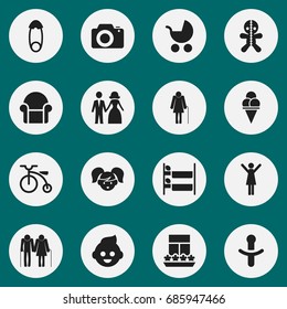 Set Of 16 Editable Folks Icons. Includes Symbols Such As Perambulator, Nipple, Balcony And More. Can Be Used For Web, Mobile, UI And Infographic Design.