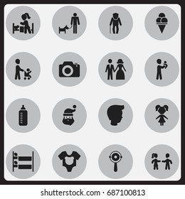 Set Of 16 Editable Folks Icons. Includes Symbols Such As Father With Dog, Cold Dessert, Girl And More. Can Be Used For Web, Mobile, UI And Infographic Design.