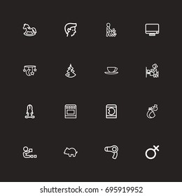 Set Of 16 Editable Folks Outline Icons. Includes Symbols Such As Money Box, Dryer, Monitor And More. Can Be Used For Web, Mobile, UI And Infographic Design.