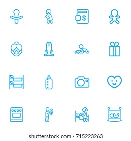 Set Of 16 Editable Folks Outline Icons. Includes Symbols Such As Milk, Pregnancy, Bunk And More. Can Be Used For Web, Mobile, UI And Infographic Design.