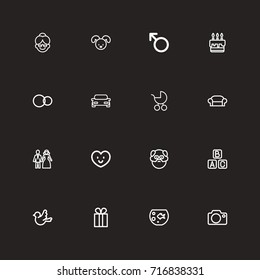 Set Of 16 Editable Folks Outline Icons. Includes Symbols Such As Photo Device, Pie, Present And More. Can Be Used For Web, Mobile, UI And Infographic Design.