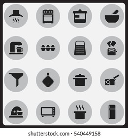 Set Of 16 Editable Food Icons. Includes Symbols Such As Slice Bread, Utensil, Filtering And More. Can Be Used For Web, Mobile, UI And Infographic Design.