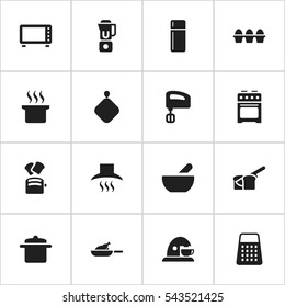 Set Of 16 Editable Food Icons. Includes Symbols Such As Kitchen Hood, Cup, Grill And More. Can Be Used For Web, Mobile, UI And Infographic Design.