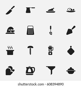 Set Of 16 Editable Food Icons. Includes Symbols Such As Knife, Coffee Pot, Spatula And More. Can Be Used For Web, Mobile, UI And Infographic Design.