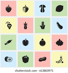 Set Of 16 Editable Food Icons. Includes Symbols Such As Carrot, Nectarine, Soybean And More. Can Be Used For Web, Mobile, UI And Infographic Design.