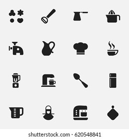 Set Of 16 Editable Food Icons. Includes Symbols Such As Refrigerator, Jug, Tablespoon And More. Can Be Used For Web, Mobile, UI And Infographic Design.