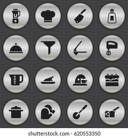 Set Of 16 Editable Food Icons. Includes Symbols Such As Crusher, Hand Mixer, Backsword. Can Be Used For Web, Mobile, UI And Infographic Design.