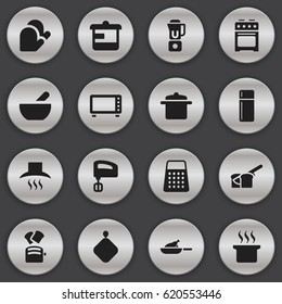 Set Of 16 Editable Food Icons. Includes Symbols Such As Shredder, Hand Mixer, Cookware. Can Be Used For Web, Mobile, UI And Infographic Design.