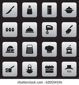 Set Of 16 Editable Food Icons. Includes Symbols Such As Mocha Grinder, Shredder, Kitchen Hood And More. Can Be Used For Web, Mobile, UI And Infographic Design.