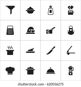 Set Of 16 Editable Food Icons. Includes Symbols Such As Cookware, Shredder, Saucepan And More. Can Be Used For Web, Mobile, UI And Infographic Design.