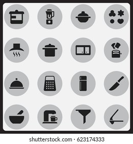 Set Of 16 Editable Food Icons. Includes Symbols Such As Kitchen Hood, Saucepan, Knife And More. Can Be Used For Web, Mobile, UI And Infographic Design.
