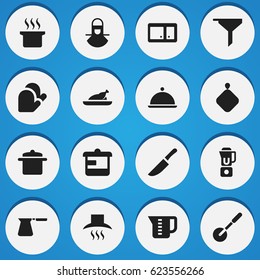 Set Of 16 Editable Food Icons. Includes Symbols Such As Coffee Pot, Pot-Holder, Knife And More. Can Be Used For Web, Mobile, UI And Infographic Design.