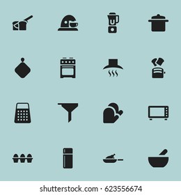 Set Of 16 Editable Food Icons. Includes Symbols Such As Pot-Holder, Cup, Kitchen Hood And More. Can Be Used For Web, Mobile, UI And Infographic Design.