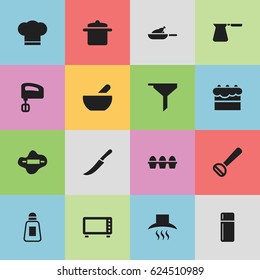 Set Of 16 Editable Food Icons. Includes Symbols Such As Kitchen Hood, Agitator, Soup And More. Can Be Used For Web, Mobile, UI And Infographic Design.