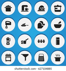 Set Of 16 Editable Food Icons. Includes Symbols Such As Refrigerator, Soup Pot, Kitchen Glove And More. Can Be Used For Web, Mobile, UI And Infographic Design.