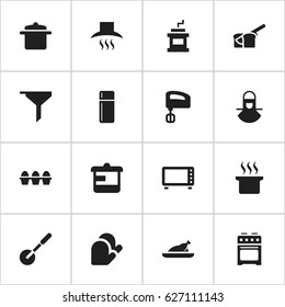 Set Of 16 Editable Food Icons. Includes Symbols Such As Soup Pot, Mocha Grinder, Kitchen Hood And More. Can Be Used For Web, Mobile, UI And Infographic Design.