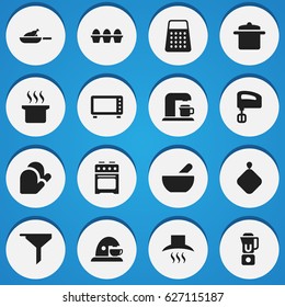 Set Of 16 Editable Food Icons. Includes Symbols Such As Grill, Kitchen Hood, Oven And More. Can Be Used For Web, Mobile, UI And Infographic Design.