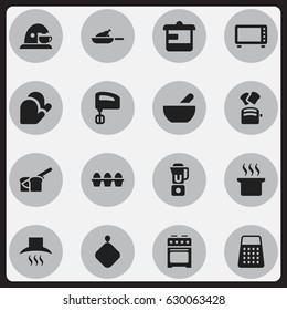 Set Of 16 Editable Food Icons. Includes Symbols Such As Shredder, Oven, Kitchen Hood And More. Can Be Used For Web, Mobile, UI And Infographic Design.