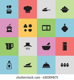 Set Of 16 Editable Food Icons. Includes Symbols Such As Kitchen Hood, Salver, Pot-Holder And More. Can Be Used For Web, Mobile, UI And Infographic Design.