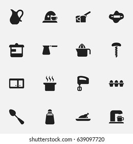 Set Of 16 Editable Food Icons. Includes Symbols Such As Egg Carton, Sideboard, Wine Opener And More. Can Be Used For Web, Mobile, UI And Infographic Design.