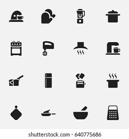 Set Of 16 Editable Food Icons. Includes Symbols Such As Slice Bread, Stove, Pot-Holder And More. Can Be Used For Web, Mobile, UI And Infographic Design.
