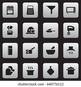 Set Of 16 Editable Food Icons. Includes Symbols Such As Slice Bread, Shredder, Kitchen Glove And More. Can Be Used For Web, Mobile, UI And Infographic Design.