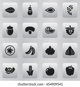 Set Of 16 Editable Food Icons. Includes Symbols Such As Watermelon, Almond, Exotic Dessert And More. Can Be Used For Web, Mobile, UI And Infographic Design.
