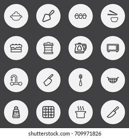 Set Of 16 Editable Food Outline Icons. Includes Symbols Such As Balls, Silverware, Teapot Appliance And More. Can Be Used For Web, Mobile, UI And Infographic Design.
