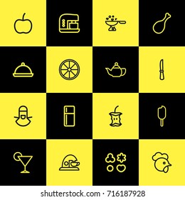 Set Of 16 Editable Food Outline Icons. Includes Symbols Such As Mixer, Apple Core, Kitchen Knife And More. Can Be Used For Web, Mobile, UI And Infographic Design.