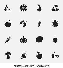 Set Of 16 Editable Food And Vegetable Icons. Includes Symbols Such As Lime, Orange Slice, Sweet Pepper And More. Can Be Used For Web, Mobile, UI And Infographic Design.