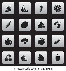 Set Of 16 Editable Food And Vegetable Icons. Includes Symbols Such As Zucchini, Fresh Fruit, Pear Piece And More. Can Be Used For Web, Mobile, UI And Infographic Design.