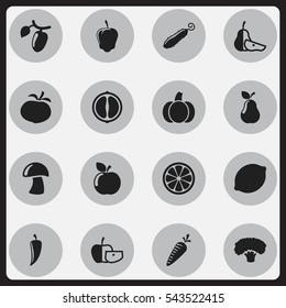 Set Of 16 Editable Food And Vegetable Icons. Includes Symbols Such As Fresh Fruit, Pear Piece, Sweet Pepper And More. Can Be Used For Web, Mobile, UI And Infographic Design.