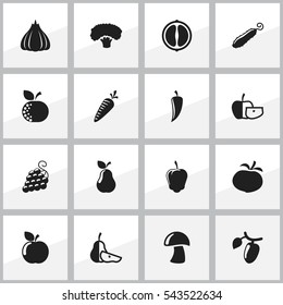 Set Of 16 Editable Food And Vegetable Icons. Includes Symbols Such As Sweet Fruit, Chili, Low-Calorie Fruit And More. Can Be Used For Web, Mobile, UI And Infographic Design.