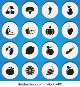 Set Of 16 Editable Food And Vegetable Icons. Includes Symbols Such As Zucchini, Lemon Piece, Tree And More. Can Be Used For Web, Mobile, UI And Infographic Design.
