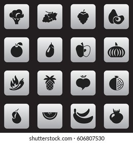 Set Of 16 Editable Fruits Icons. Includes Symbols Such As Cantaloupe, Jungle Fruit, Eggplant And More. Can Be Used For Web, Mobile, UI And Infographic Design.