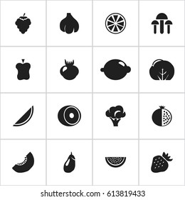 Set Of 16 Editable Fruits Icons. Includes Symbols Such As Cauliflower, Lemon, Grape And More. Can Be Used For Web, Mobile, UI And Infographic Design.