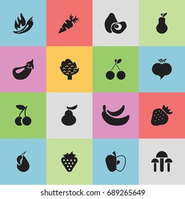 Set Of 16 Editable Fruits Icons. Includes Symbols Such As Morello, Jungle Fruit, Champignon And More. Can Be Used For Web, Mobile, UI And Infographic Design.
