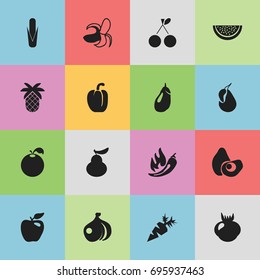 Set Of 16 Editable Fruits Icons. Includes Symbols Such As Delicious, Sweet Pepper, Honeycrisp And More. Can Be Used For Web, Mobile, UI And Infographic Design.