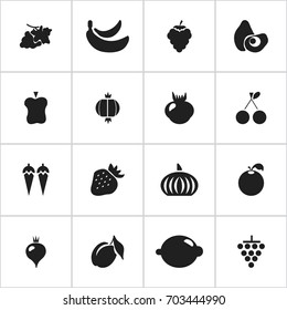 Set Of 16 Editable Fruits Icons. Includes Symbols Such As Lime, Apricot, Turnip And More. Can Be Used For Web, Mobile, UI And Infographic Design.