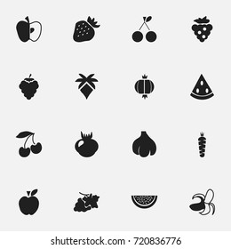 Set Of 16 Editable Fruits Icons. Includes Symbols Such As Banana, Cherry, Muskmelon And More. Can Be Used For Web, Mobile, UI And Infographic Design.