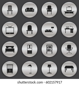 Set Of 16 Editable Furnishings Icons. Includes Symbols Such As Tv, Locker, Wardrobe And More. Can Be Used For Web, Mobile, UI And Infographic Design.