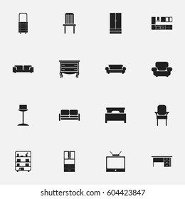 Set Of 16 Editable Furnishings Icons. Includes Symbols Such As Settee, Bookshelf, Stool And More. Can Be Used For Web, Mobile, UI And Infographic Design.