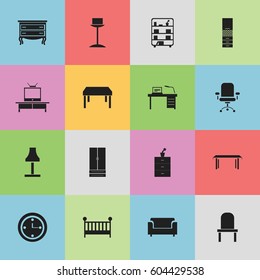 Set Of 16 Editable Furnishings Icons. Includes Symbols Such As Material Cupboard, Watch, Bookshelf And More. Can Be Used For Web, Mobile, UI And Infographic Design.