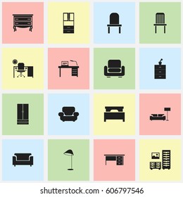 Set Of 16 Editable Furnishings Icons. Includes Symbols Such As Lectern, Cupboard, Recliner And More. Can Be Used For Web, Mobile, UI And Infographic Design.
