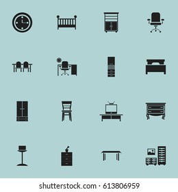 Set Of 16 Editable Furnishings Icons. Includes Symbols Such As Plant Pot, Cabinet, Office And More. Can Be Used For Web, Mobile, UI And Infographic Design.