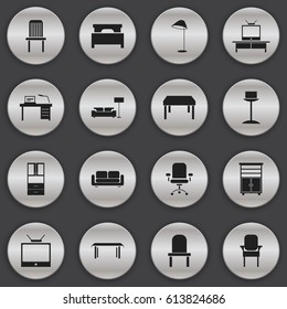 Set Of 16 Editable Furnishings Icons. Includes Symbols Such As Interior, Tv, Illuminant And More. Can Be Used For Web, Mobile, UI And Infographic Design.
