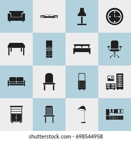 Set Of 16 Editable Furnishings Icons. Includes Symbols Such As Cabinet, Cooking Furnishings, Illuminant And More. Can Be Used For Web, Mobile, UI And Infographic Design.