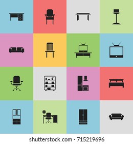 Set Of 16 Editable Furnishings Icons. Includes Symbols Such As Television, Seat, Stool And More. Can Be Used For Web, Mobile, UI And Infographic Design.